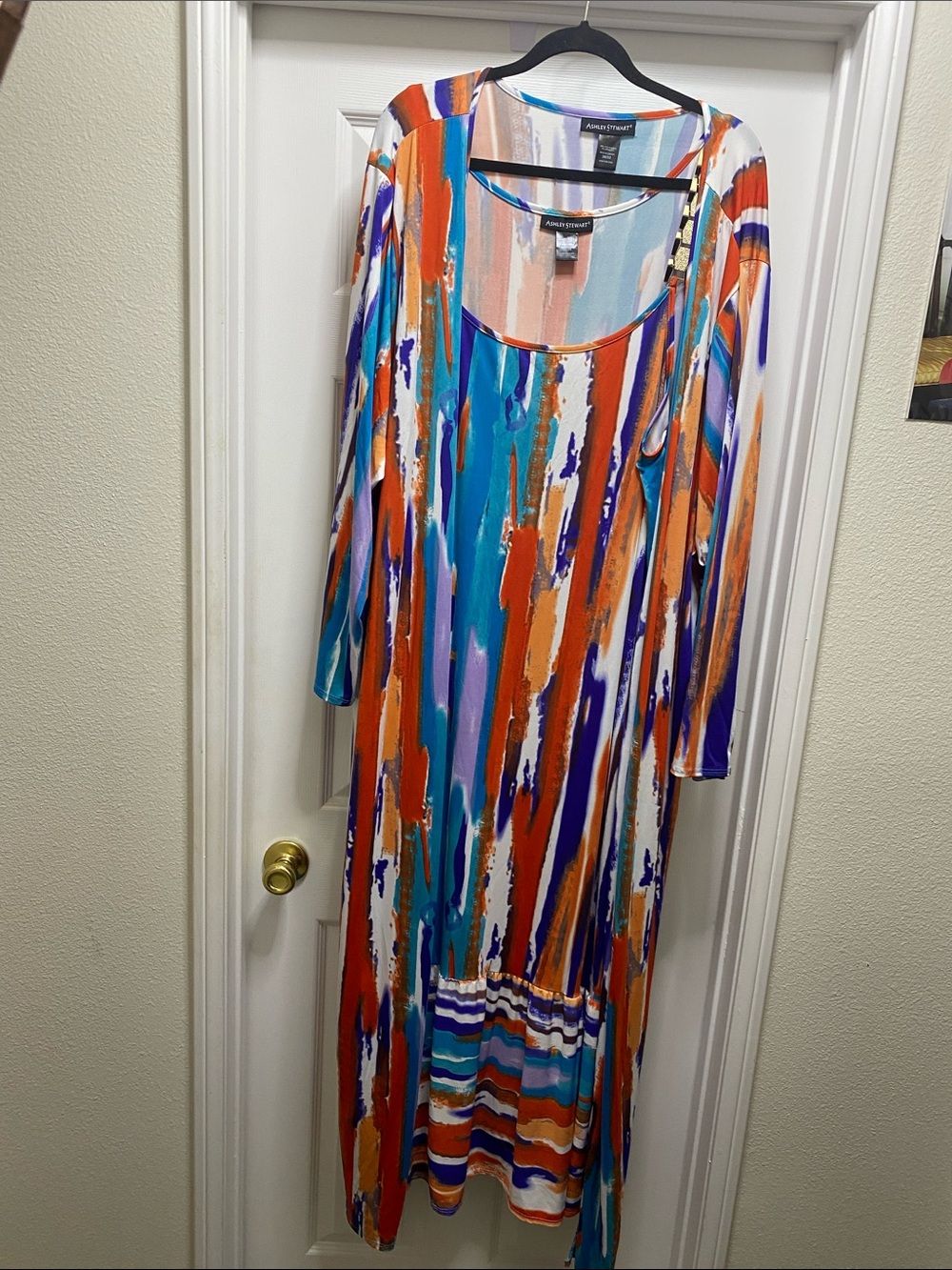 Eloquii Multicolor Brushstroke Maxi Dress — Orange, Blue & White